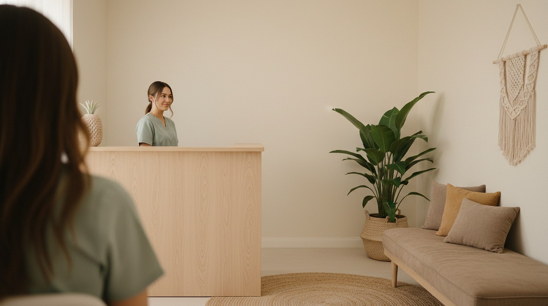 Recepción luminosa de una clínica con la recepcionista atendiendo